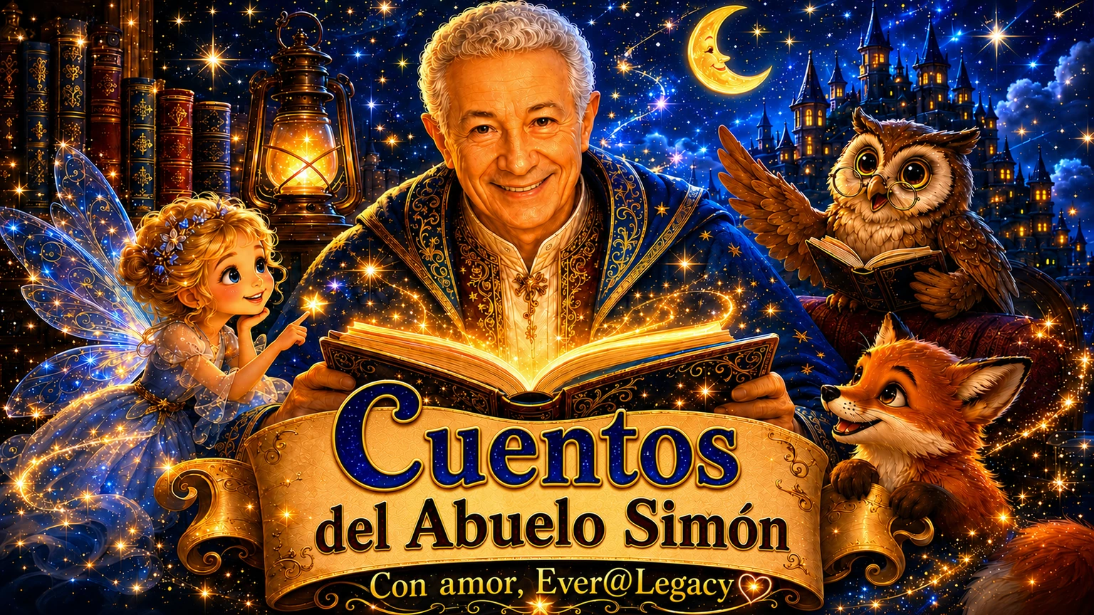 Banner de Cuentos del Abuelo Simón con un abuelo narrador, un hada, un búho y un zorro en una noche mágica