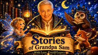 Stories of Grandpa Sam banner with Grandpa Sam, a fairy, an owl, and a fox in a magical night scene